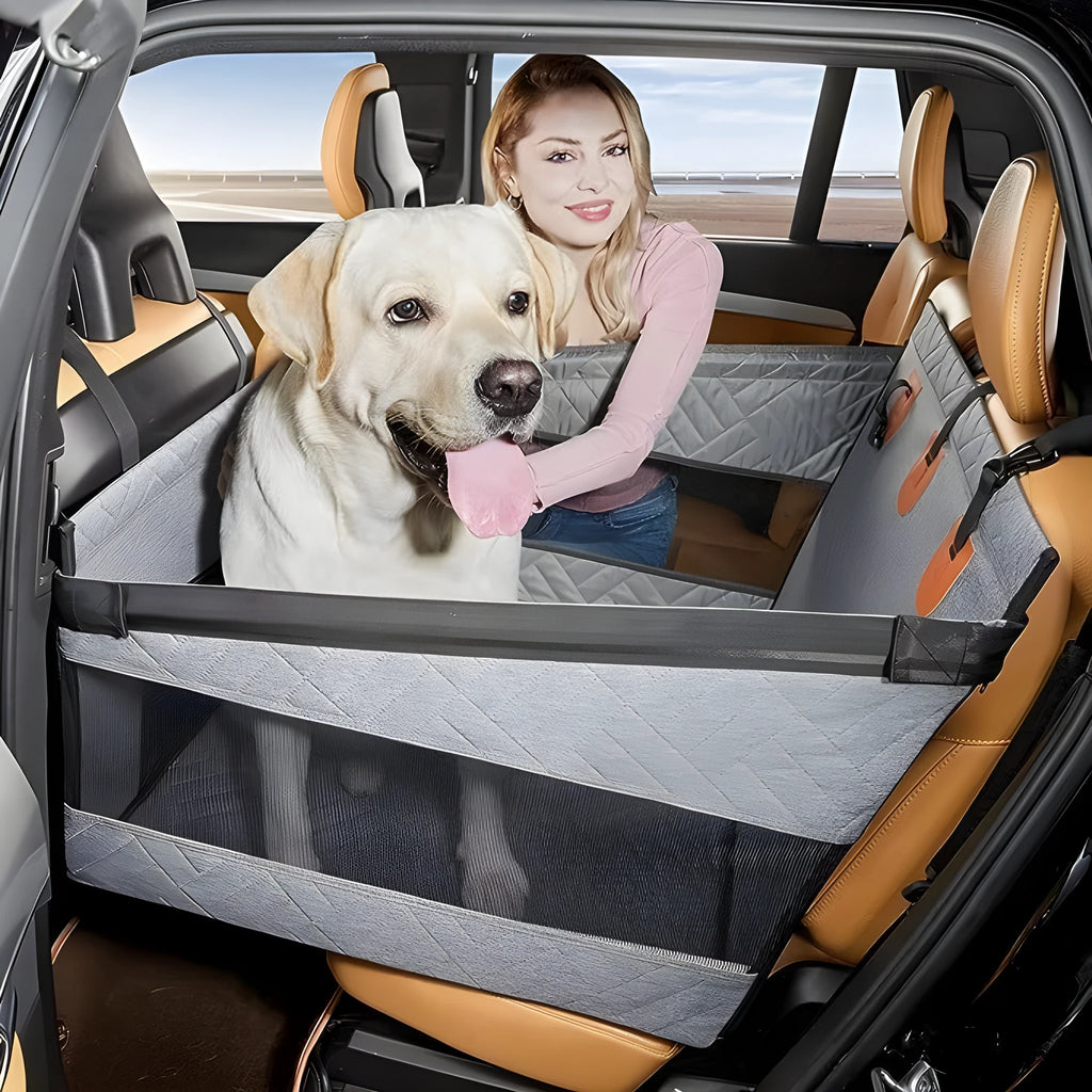 Grey water resistant raised dog bed measuring 56 by 56 by 40 centimetres.