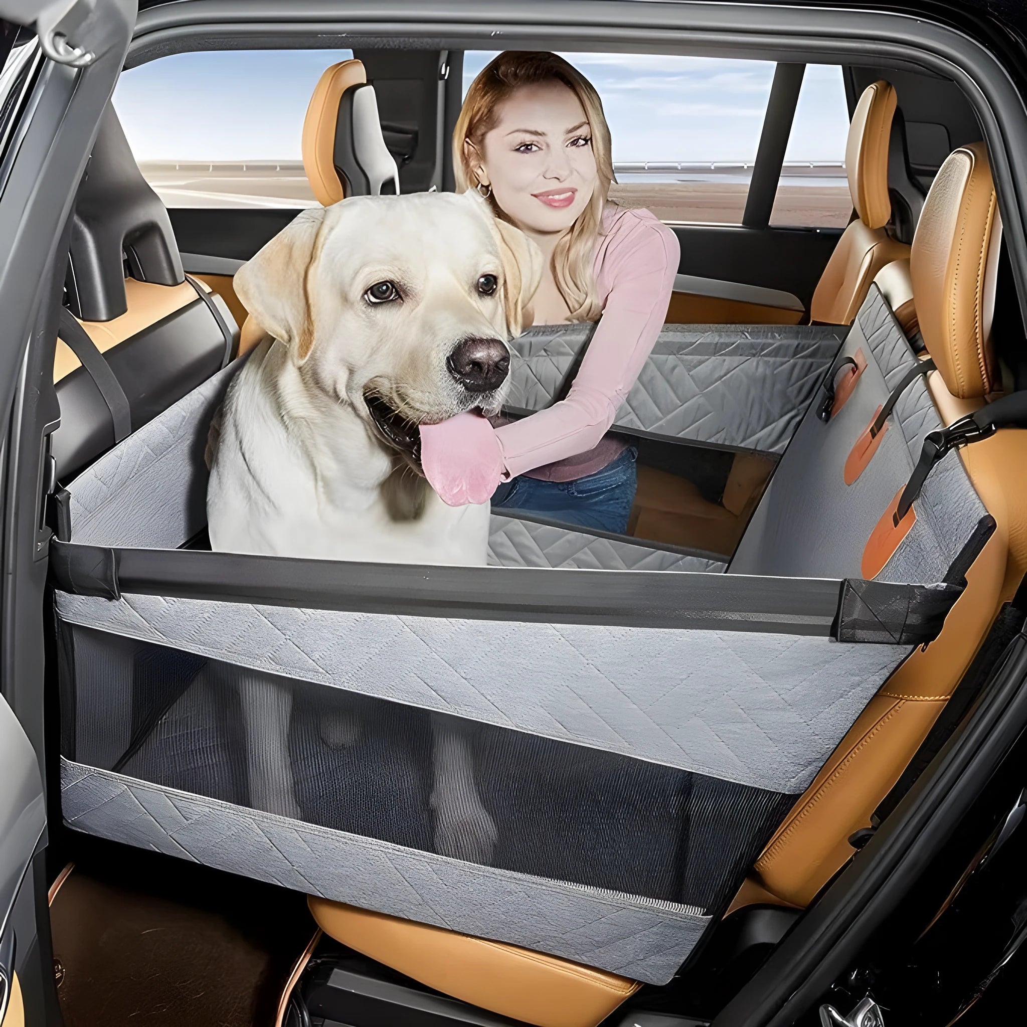 Grey water resistant raised dog bed measuring 56 by 56 by 40 centimetres.
