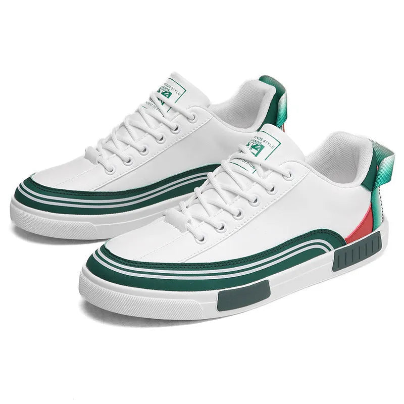 Men's white and green canvas casual shoes with mesh ventilation panels and round toe flat heel design