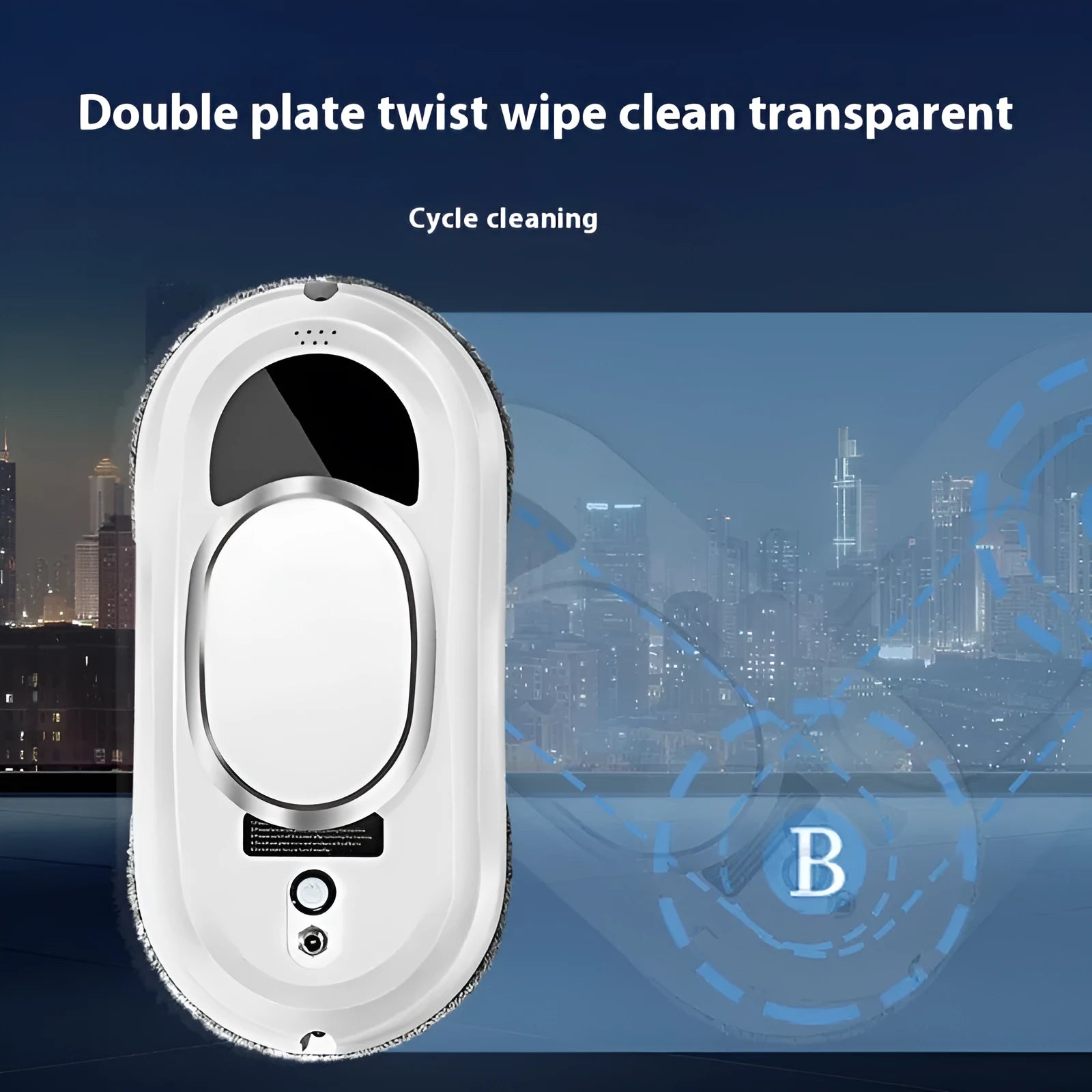 White automatic high-altitude window cleaning machine with remote control and cleaning cloths.