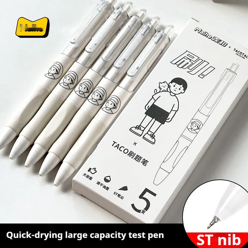 Five white ballpoint pens with 0.5mm black ink tips arranged together