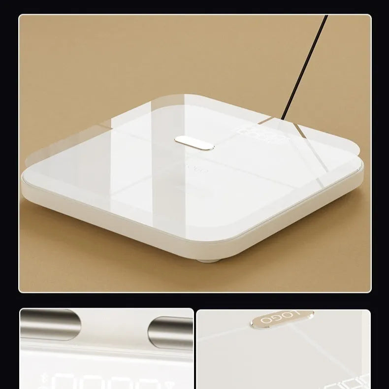 White professional body fat scale with 8 electrodes on tempered glass platform