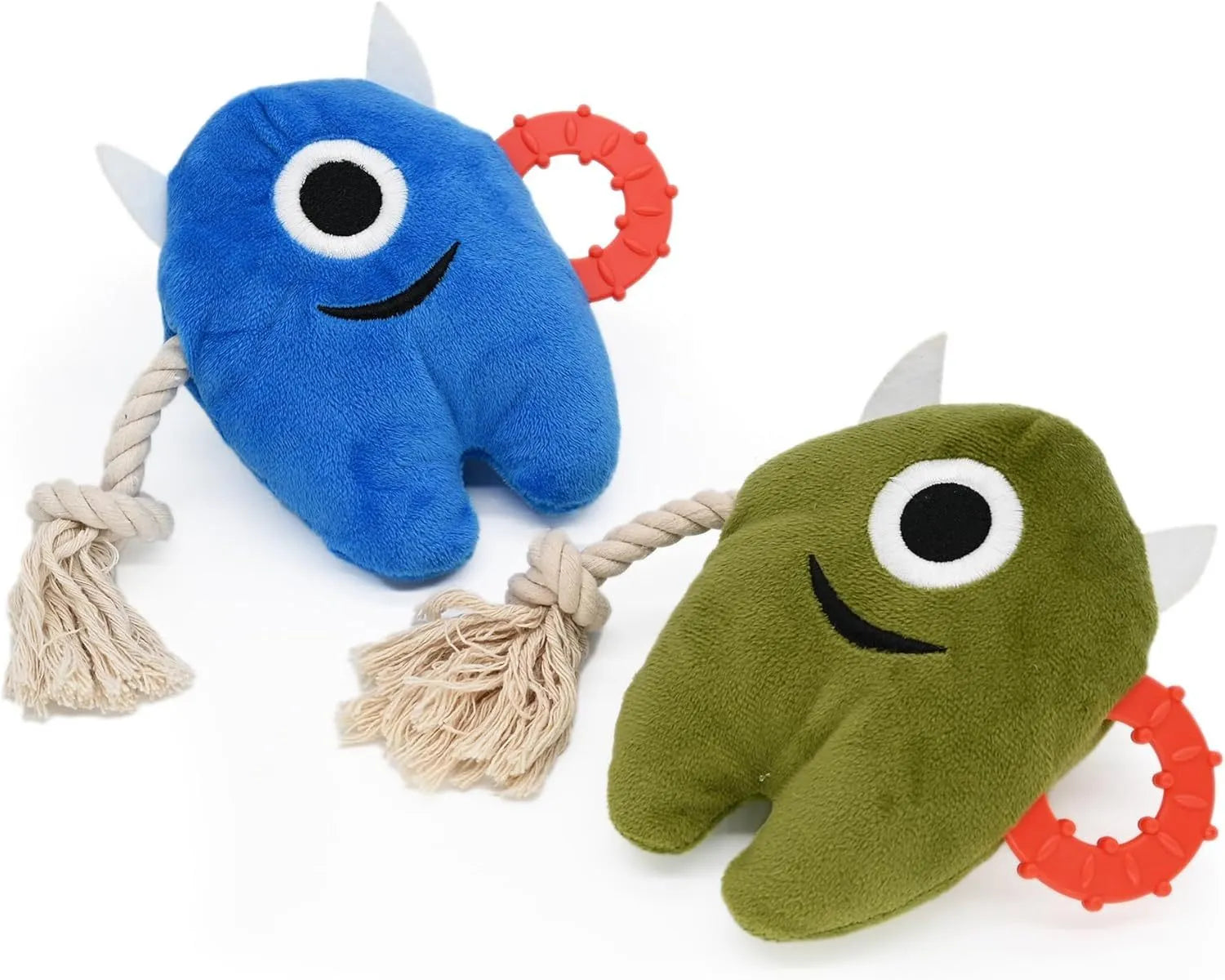 Blue and green plush dog toys with cotton rope segments and squeaker for chewing and tugging