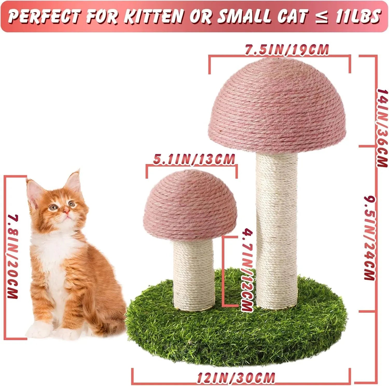 Pink mushroom-shaped cat scratching post with natural sisal caps for small cats