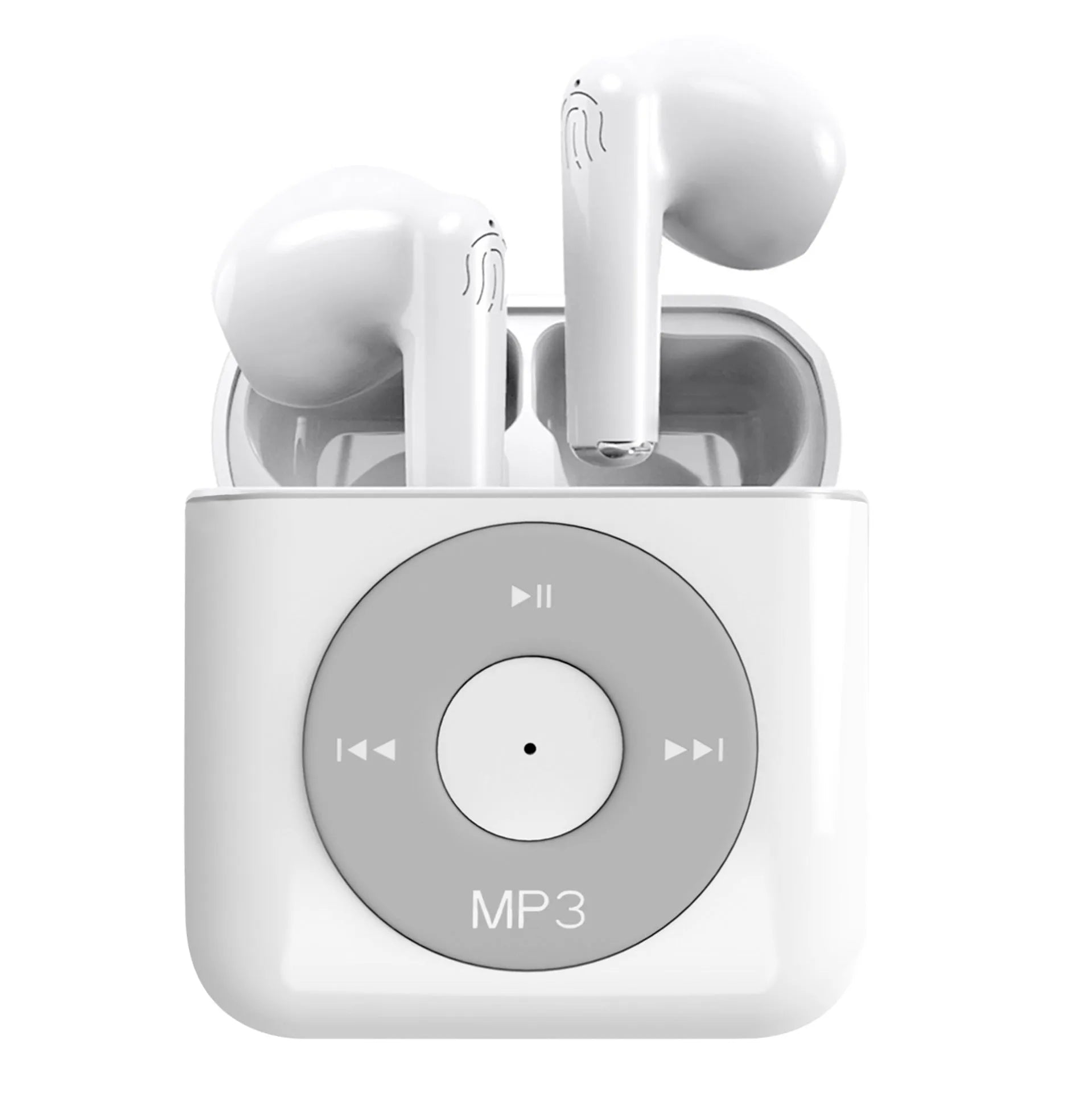 White wireless Bluetooth earphones with semi-in-ear design and a matching charging case.