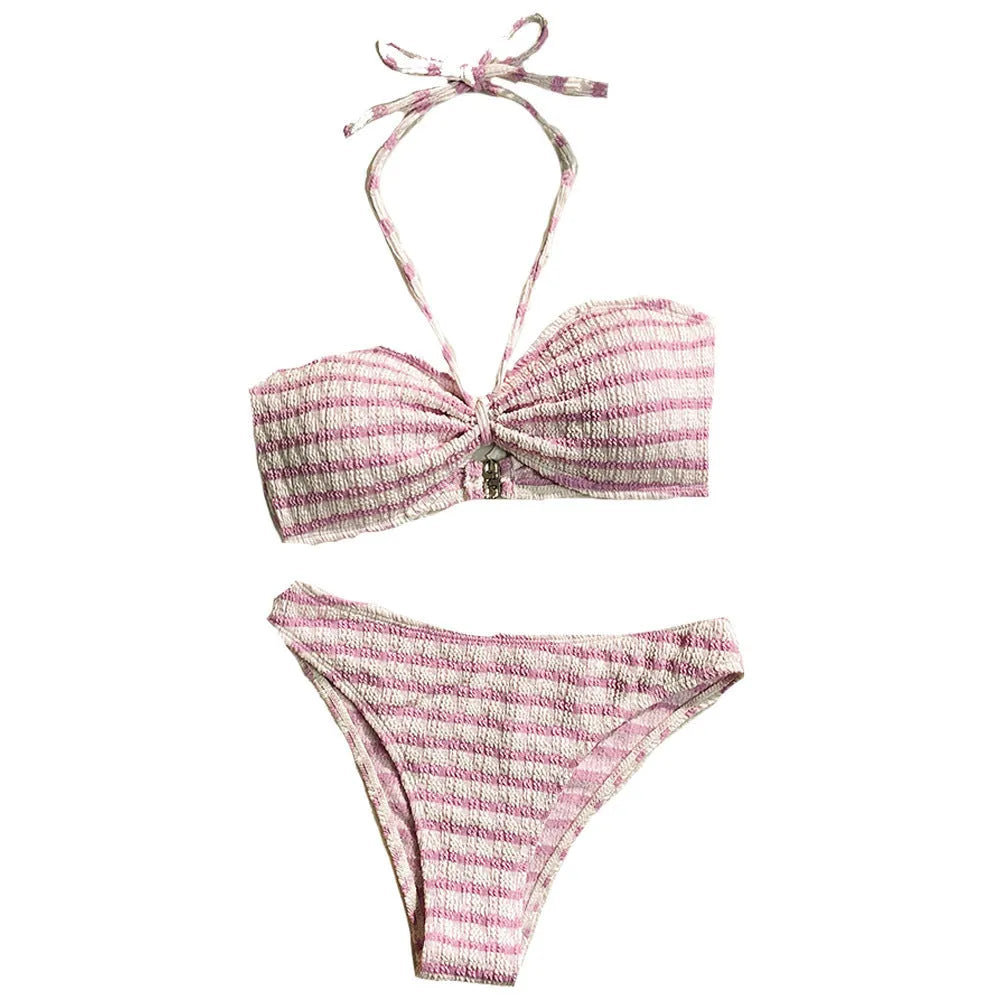 Women's striped printed bikini swimsuit in black, polyester two-piece with briefs bottom and sleeveless top