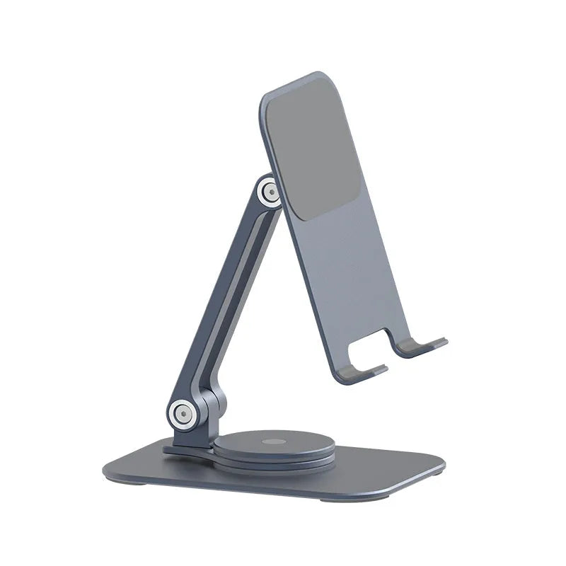 Aluminium alloy rotary desktop mobile phone holder in silver grey with silicone pad, unfolded on desk