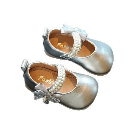 Toddler girls bow princess square mouth non-slip pumps in beige synthetic leather with Velcro strap