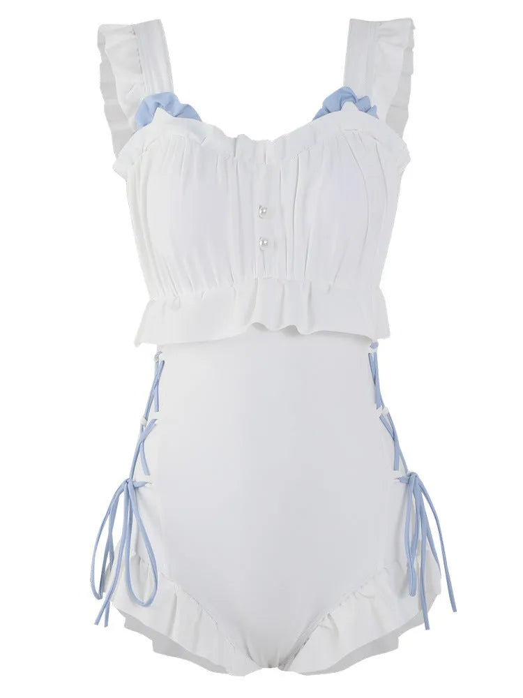 Women's milky white backless one-piece swimsuit made from nylon fabric.