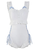 Women's milky white backless one-piece swimsuit made from nylon fabric.