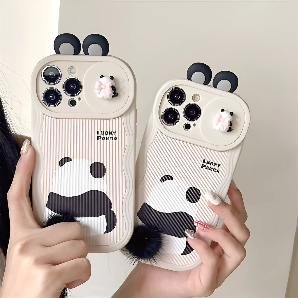 Furry panda phone case with hand-woven tail, soft silicone, for Apple iPhone
