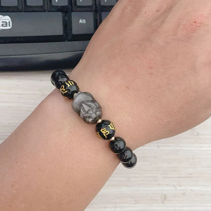Men's natural silver stone bracelet with Chinese zodiac beads and adjustable fastening