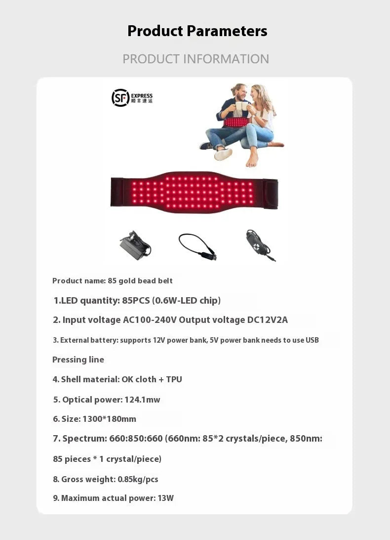 Black infrared therapy belt for waist pain relief with red light technology and international power plugs
