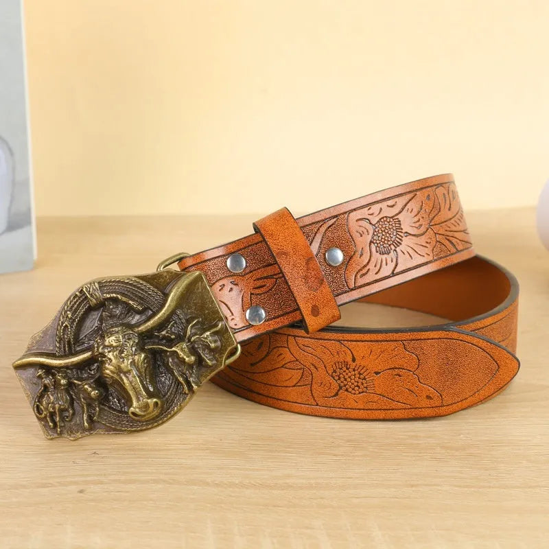 Men's brown imitation leather belt with a detailed electroplated alloy cow head buckle.