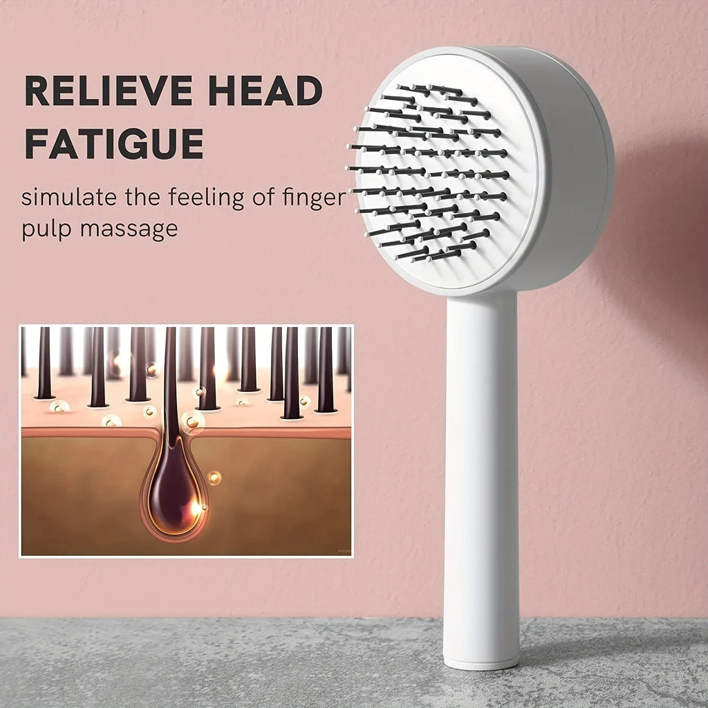 One-key self-cleaning hair brush with airbag cushion and round-head comb tips, 20x9cm, available in green pink and white