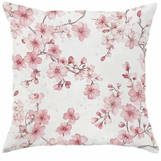 Square short velvet cushion cover with Spring Cherry Blossom Letter floral design, 45cm by 45cm.