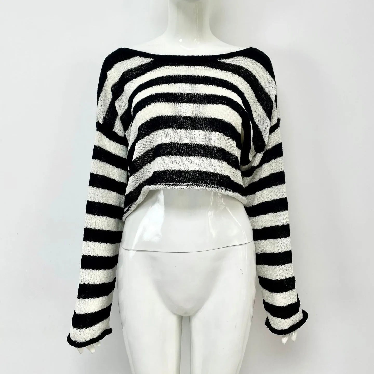 Women's striped long sleeve sweater in mercerised cotton with front and back wearable design