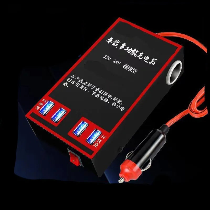 Black automotive power converter converting 12V/24V vehicle power to 220V with USB charging ports