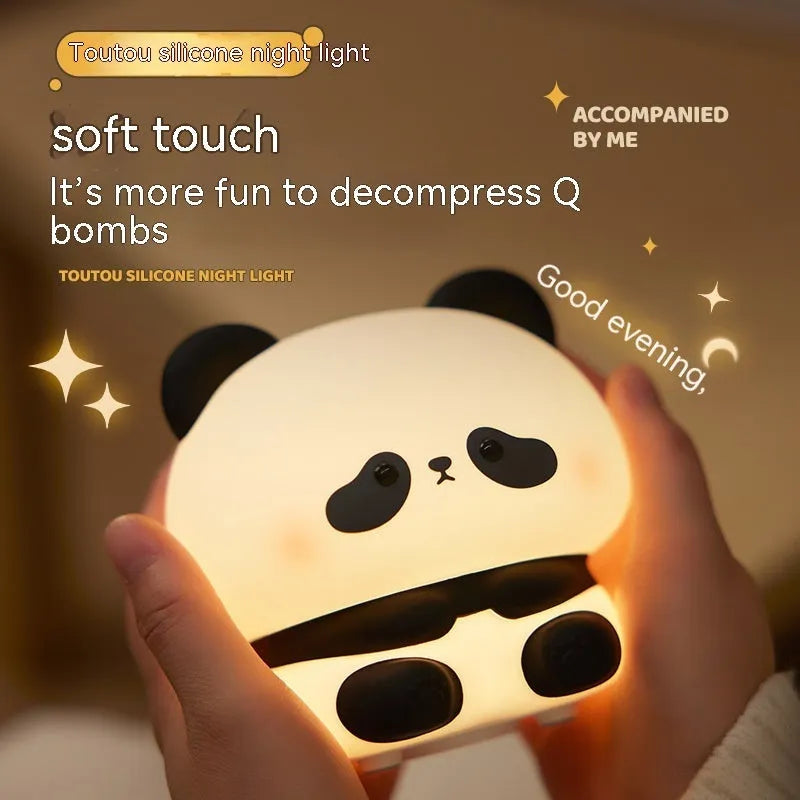 Cute panda LED night light with soft silicone exterior, USB rechargeable, touch control
