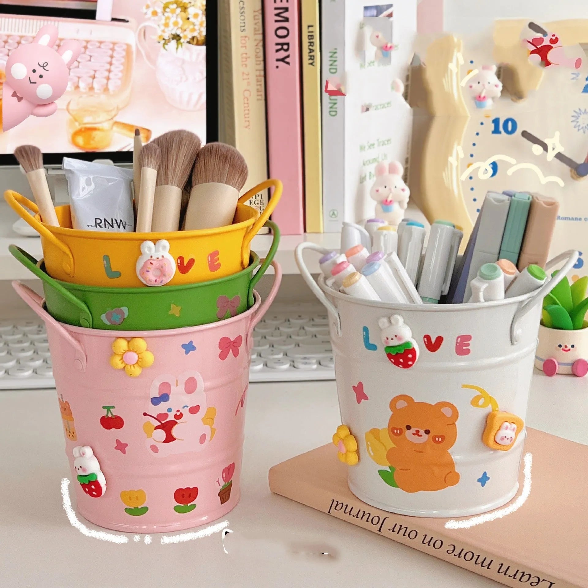 Round metal pen holder with decorative iron art design in multiple colour options