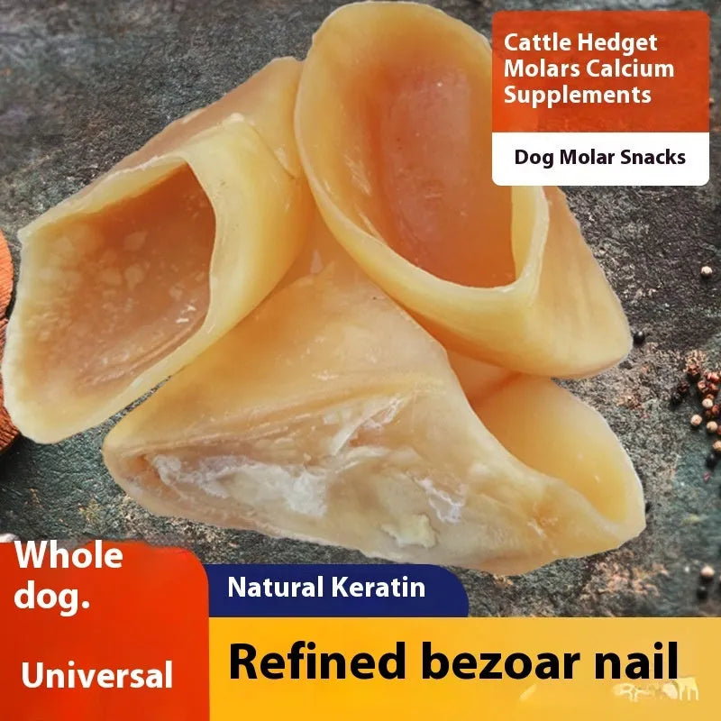 Natural cowhide dog chew toy with edible hoof shell, shown in small and large size options.
