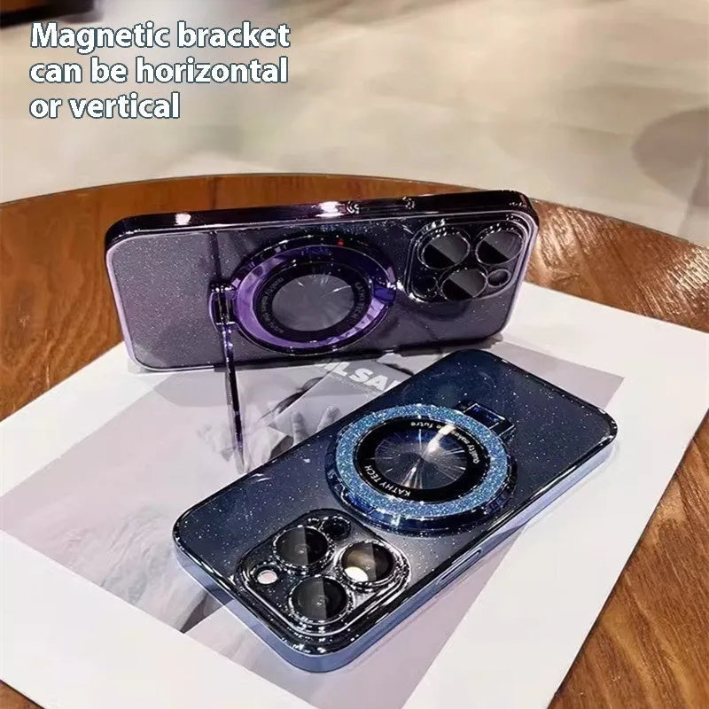 Starry Sky glitter magnetic bracket phone case with lens protector for iPhone, silver gray color