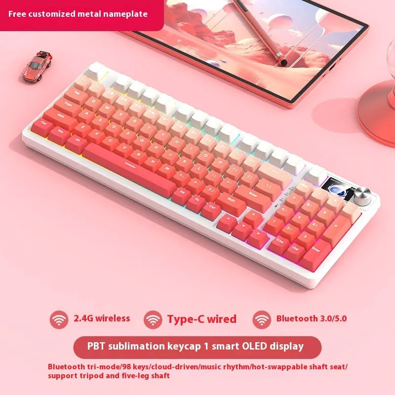98-key wireless Bluetooth mechanical keyboard kit with metal knob and multiple colour background options