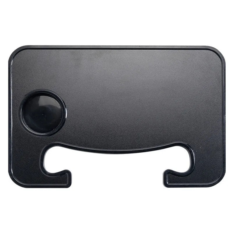 Black car steering wheel laptop tray with foldable cup holder on a 42cm by 28cm surface.