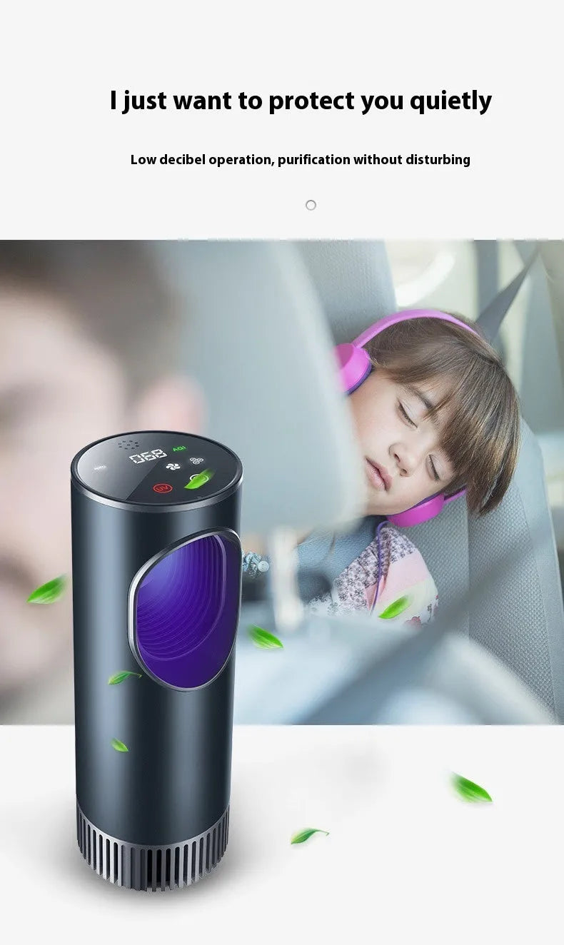 Smart car air purifier in black with formaldehyde removal and USB power supply