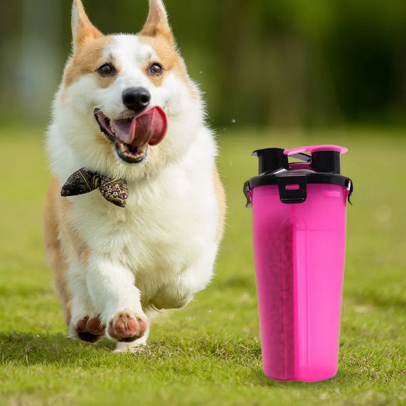 White portable pet water and food cup showing water and food compartments