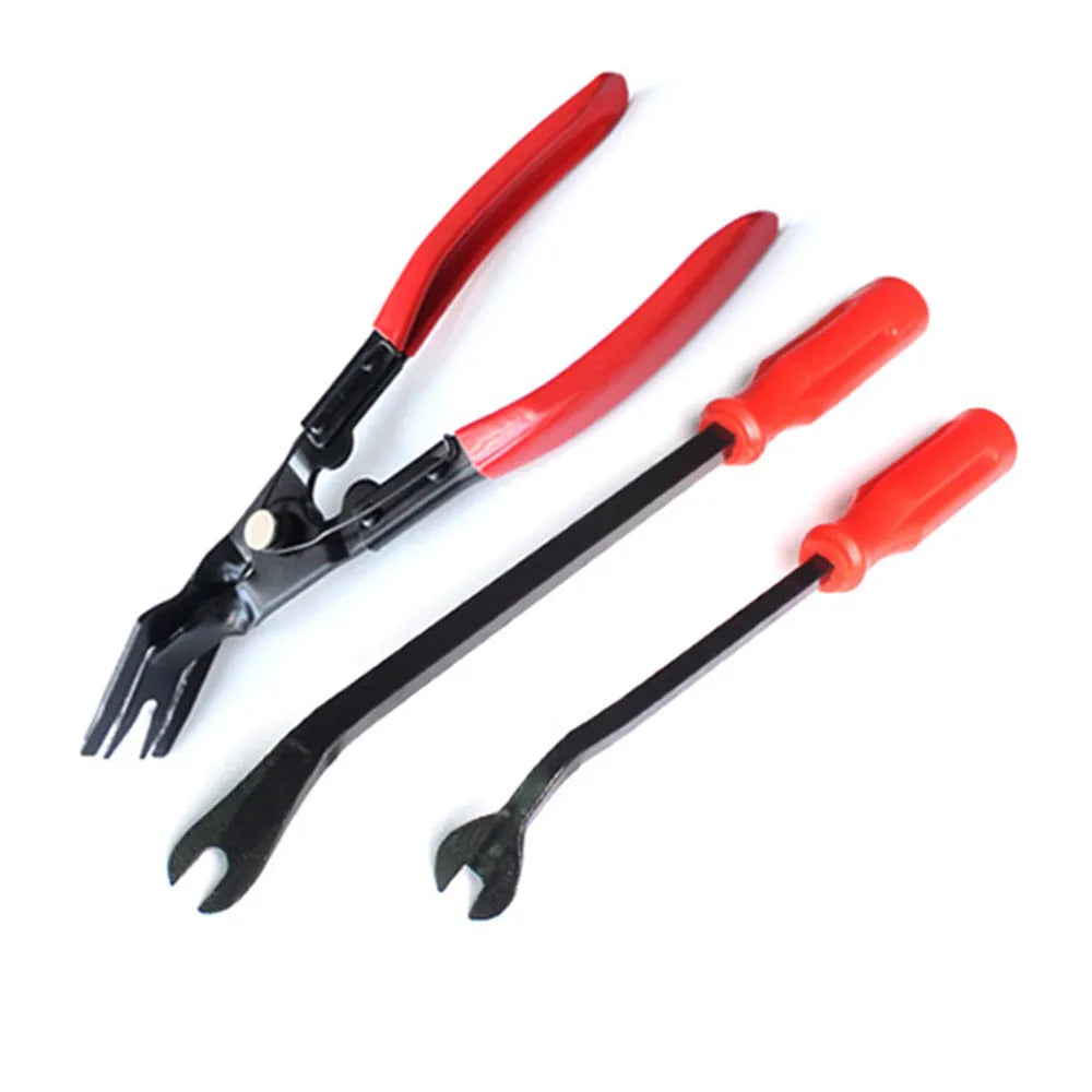 Red handle automotive door panel clip removal pliers for General Motors vehicles with light switch functionality