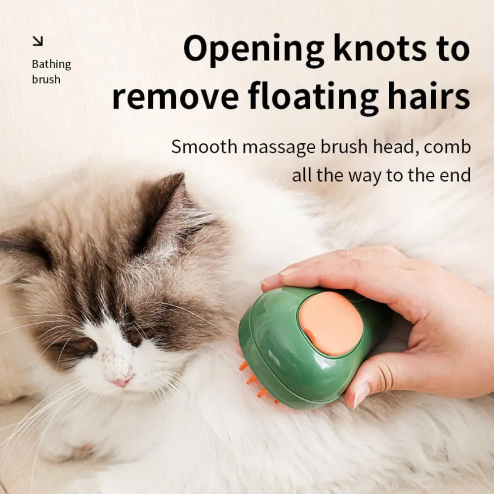 Green and white cat steam brush with water spray feature and silicone teeth for pet grooming