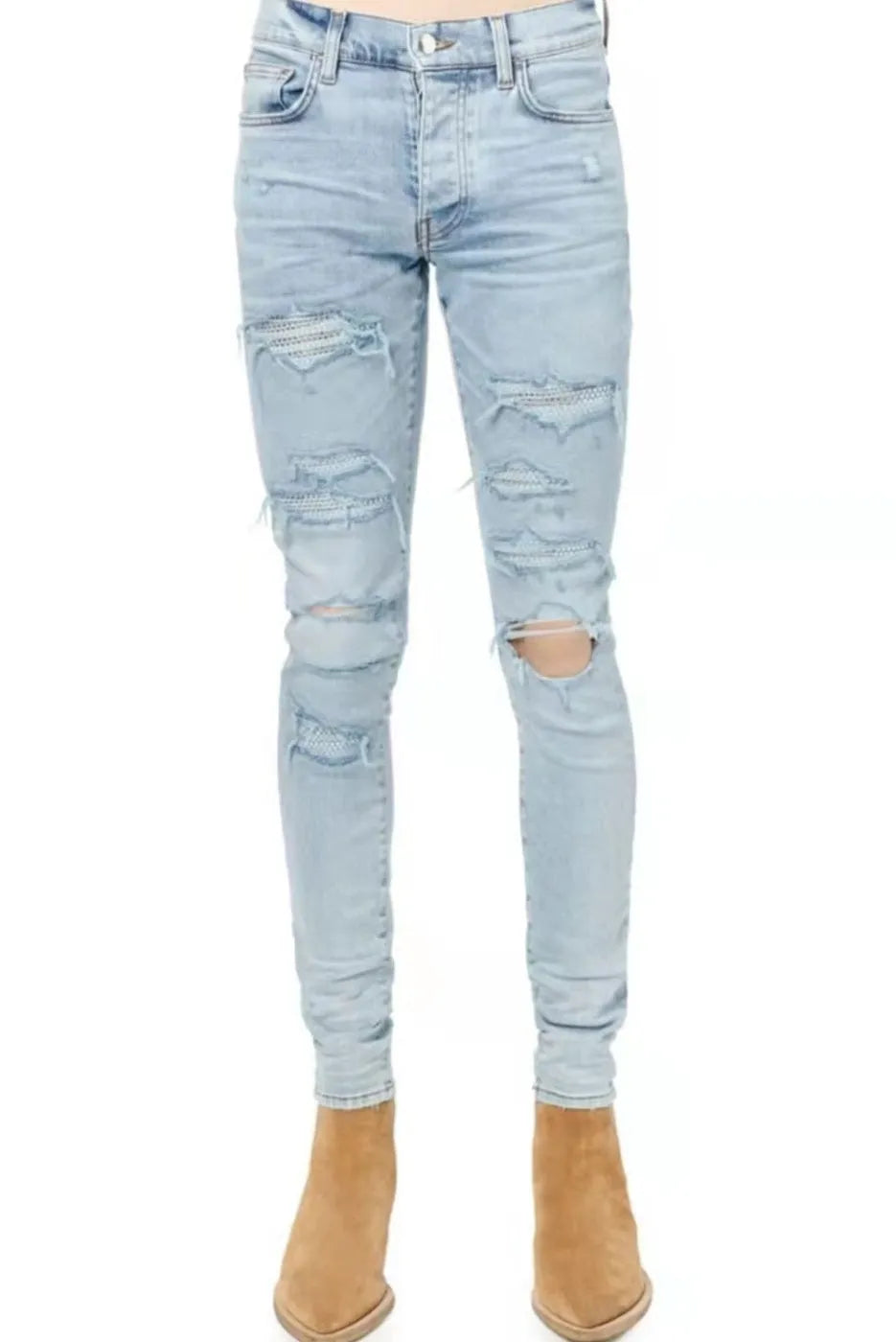 Light blue men's elastic slim fit jeans with hot diamond patch and whisker scrape detailing