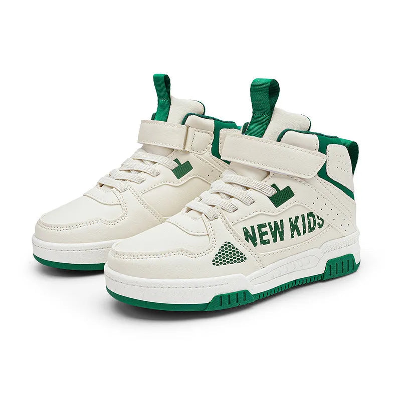 Children's beige green street sneakers with a buckle closure, PU upper, and rubber sole.