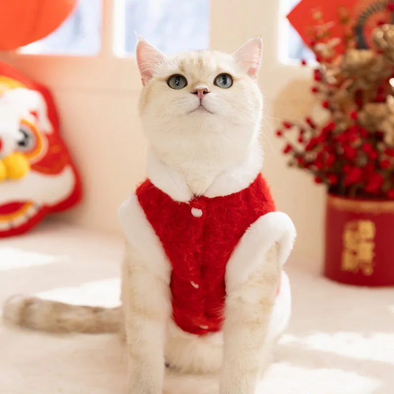 Red cotton-padded 3D lion dance pet vest with faux fur trim for small dogs and cats, featuring embellished eyes and pom-poms.