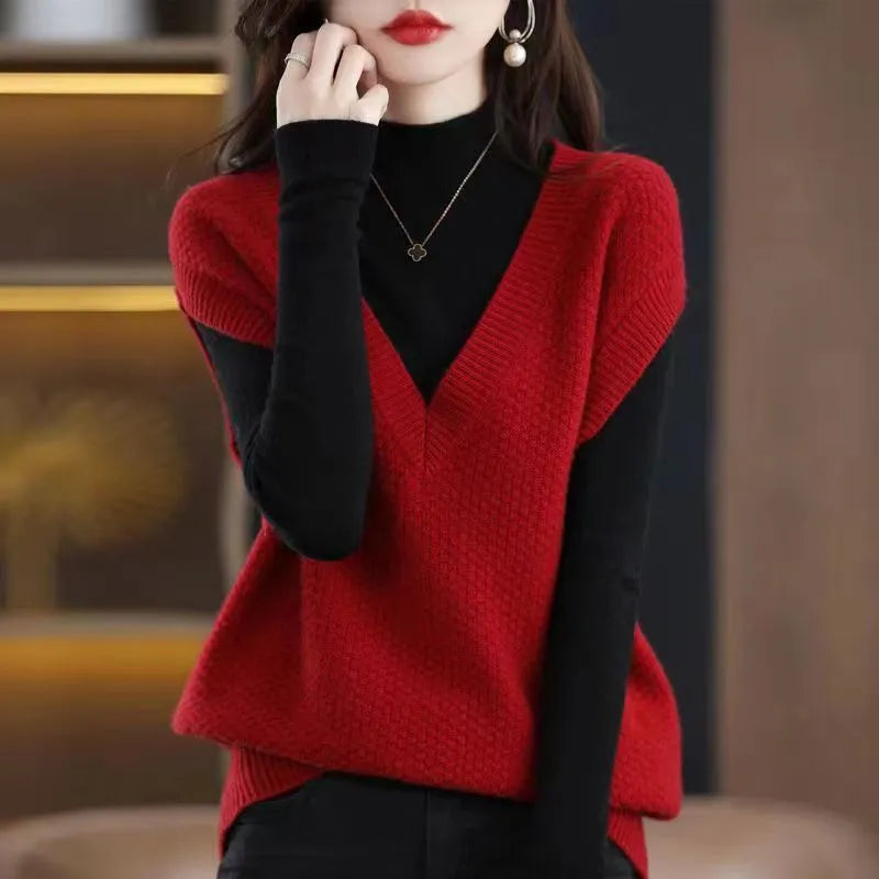 Women's sleeveless V-neck acrylic pullover vest with 3D pattern texture in multiple colour options
