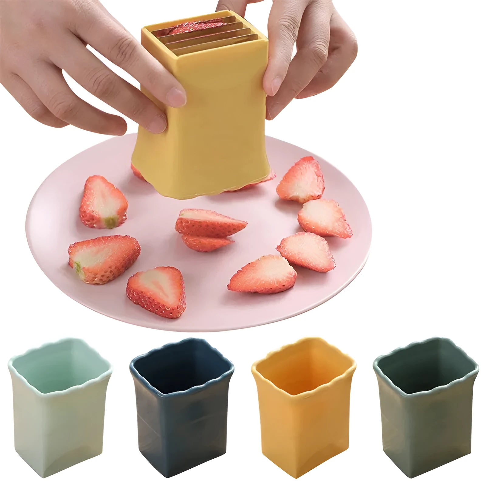 Green stainless steel cup slicer for fruit and vegetable cutting with compact design and visible blade area