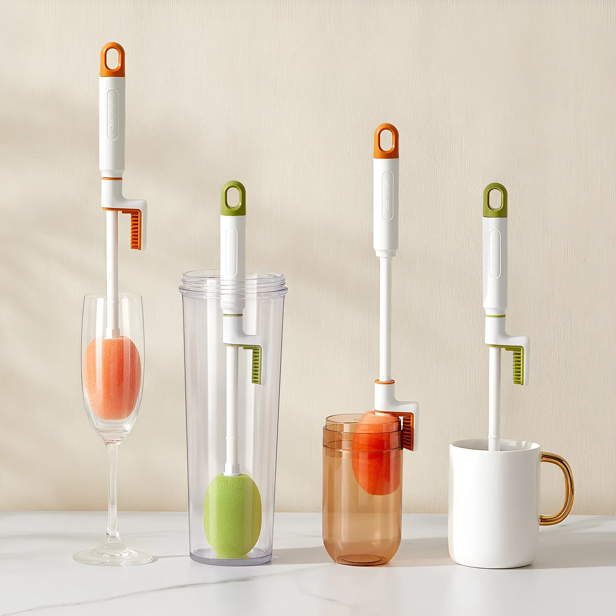Long handle plastic cup brush in orange and army green with replacement heads for kitchen bottle cleaning