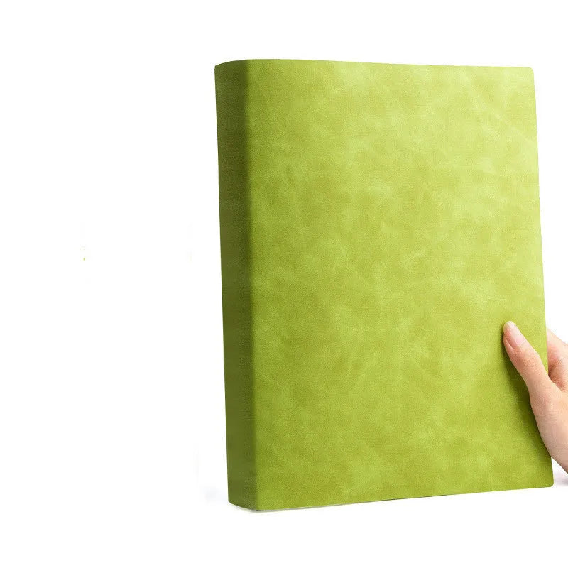 A4 thickened imitation leather notebook with soft cover in black, open to show ivory white pages