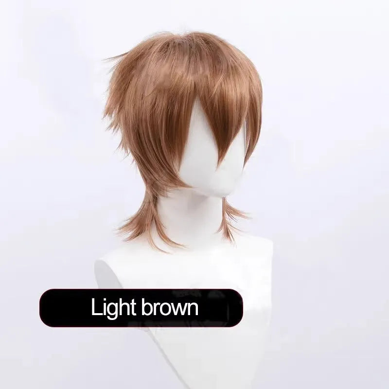 Short red anime-style cosplay wig with a straight, lengthened hair tail on a wig stand.