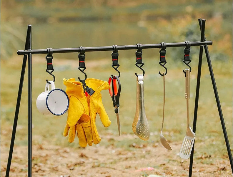 Aluminium alloy foldable triangle camping clothes drying rack with multiple hooks