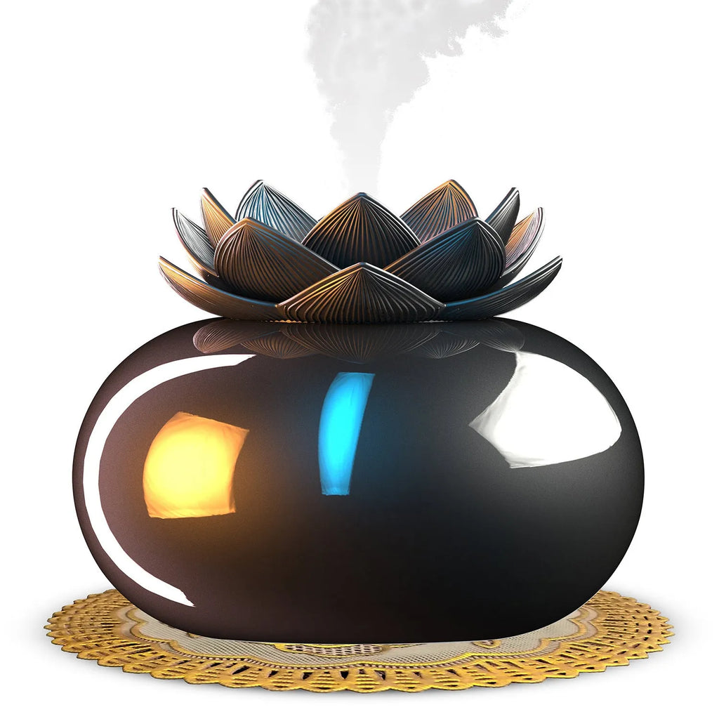 Pure black round Lotus aromatherapy humidifier with USB port and ceramic finish.