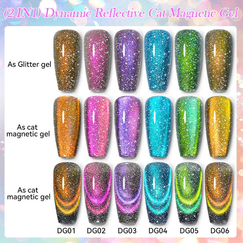 Cat eye nail polish gel bottles showing six colour options with diamond glitter fragments