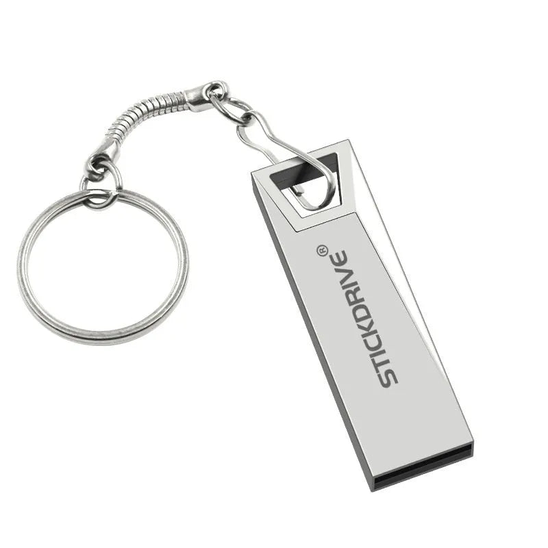 Metal USB flash drive on a keyring with options for necklace chain, shown in black and silver finishes.