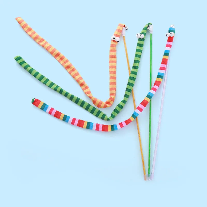 Cat wand toy with colourful plush strip attached to polycarbonate pole, shown in green colour option