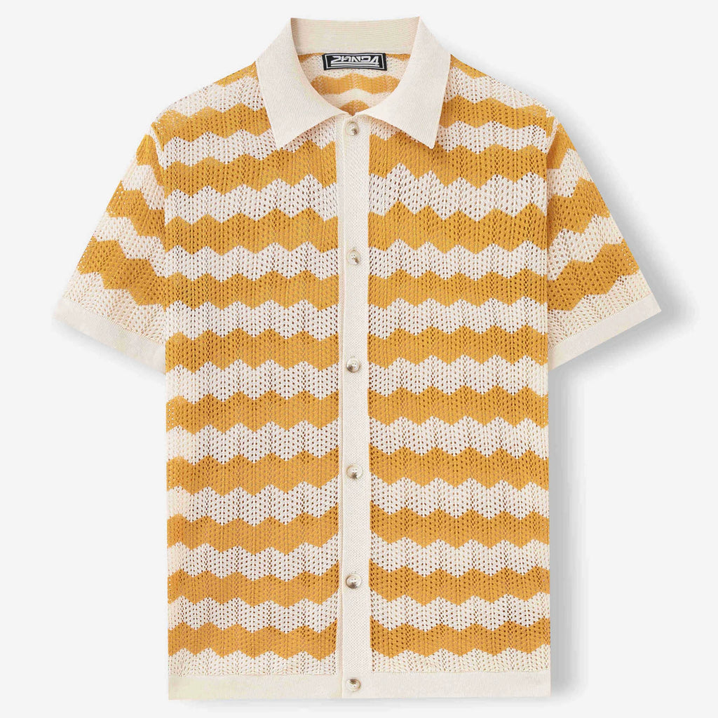 Men's American-style hollow jacquard corrugated short sleeve sweater in yellow, blue or brown with textured flocking design