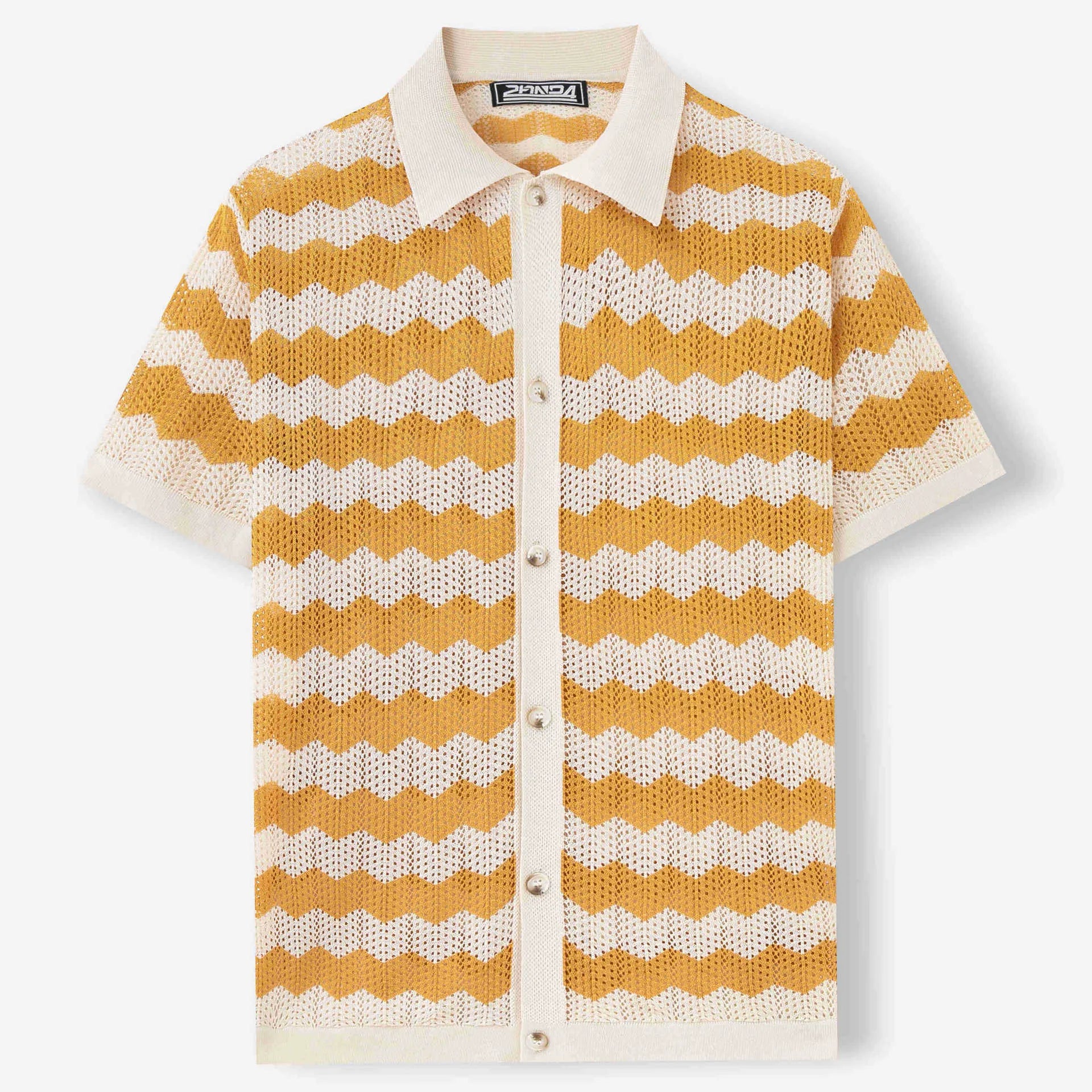 Men's American-style hollow jacquard corrugated short sleeve sweater in yellow, blue or brown with textured flocking design