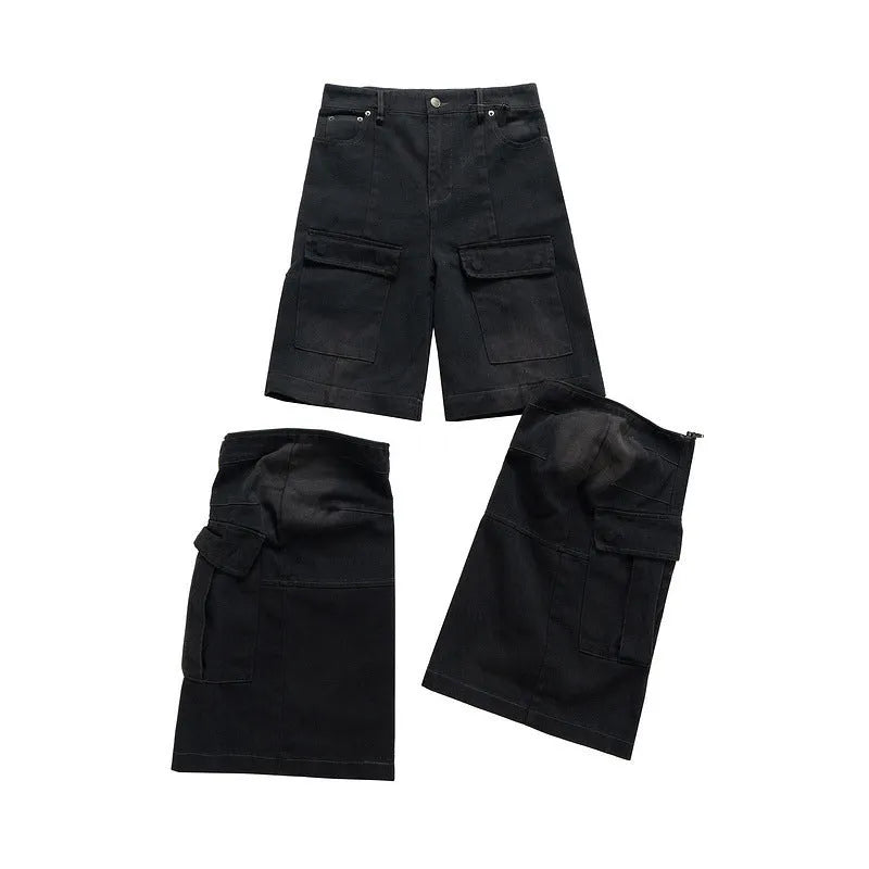 Detachable cotton overalls with multiple pockets in worn looking black or blue denim