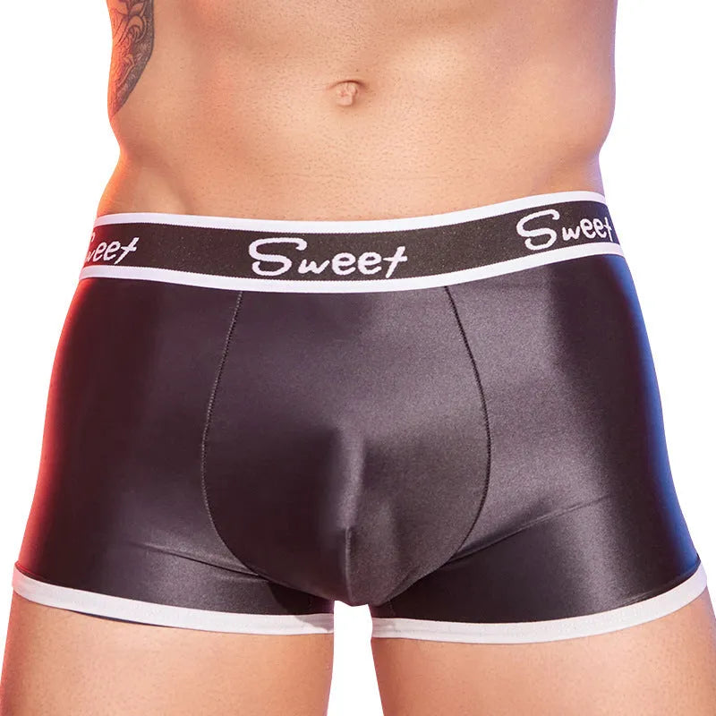 Men's shiny silky nylon boxer shorts in black, white and sapphire blue colours