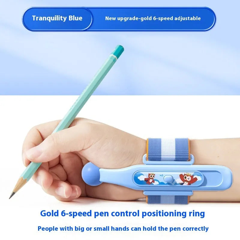 Blue Anti-hook Holder Pen Control Corrector, a wrist brace and pencil grip for children's handwriting.